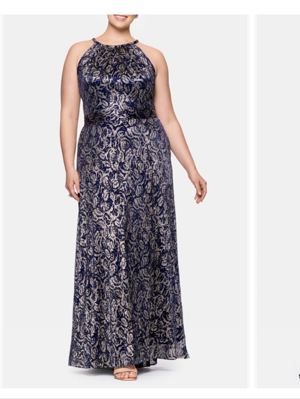 NWT Betsy & Adam Navy Gold Metallic Maxi Gown Plus Size 20W Formal Evening Dress